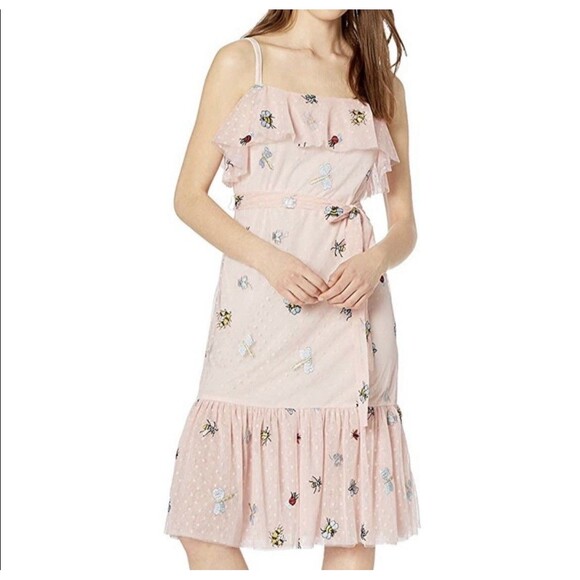 Betsy Johnson Pink Ruffle Tiered Cottagecore Bees Bugs Polka Dot Dress, Size 12 - Picture 1 of 15